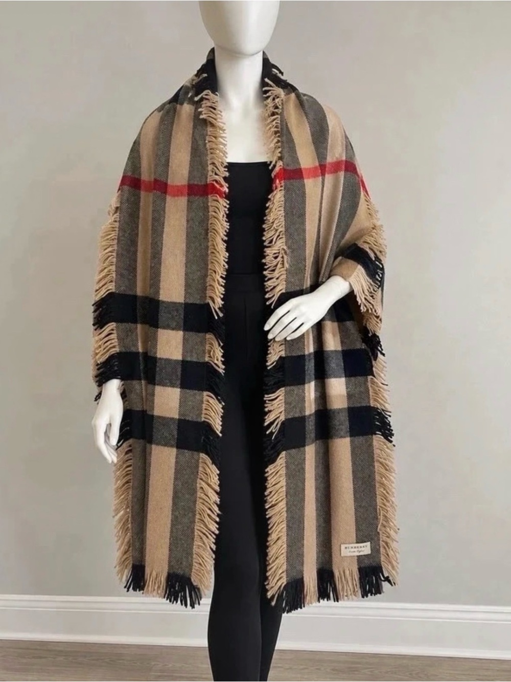 Burberry Beige Black and Red Fringe Plaid Throw
